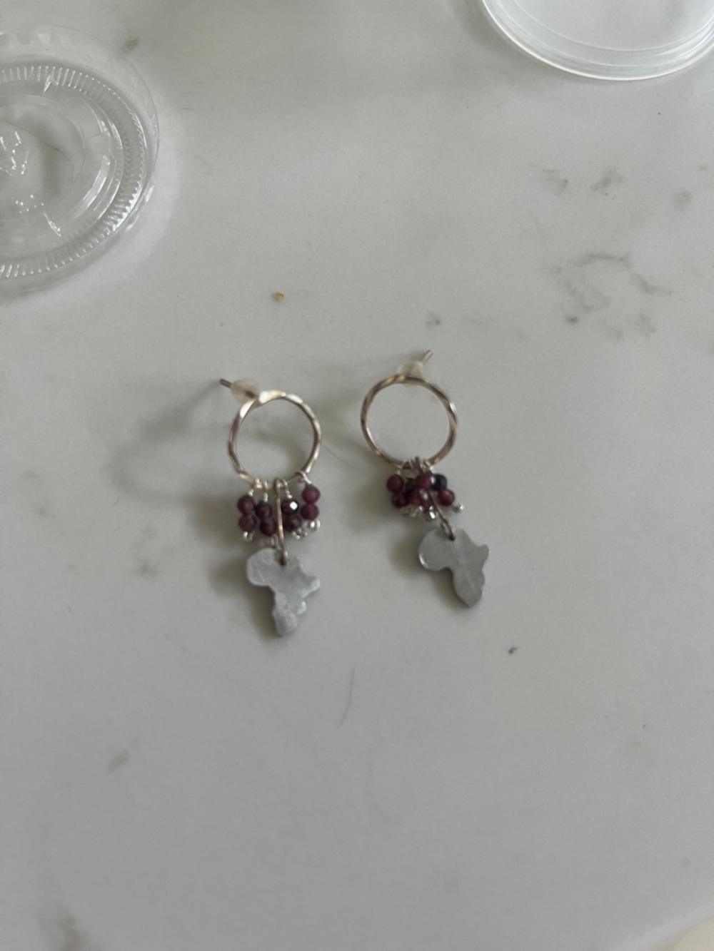 Silver Hoop Earrings with Burgundy Bead Clusters and Africa Charm